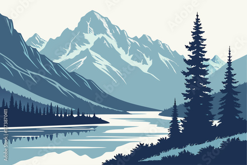 Minimalist Alaska glacier landscape vector in cool blue hues, serene mountain reflection perfect for travel posters, adventure decor, and scenic outdoor design
