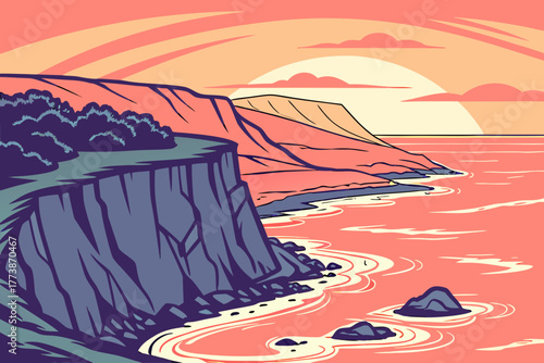 Flat modern vector of Big Island lava flow and ocean cliffs, bold sunset palette for nature-inspired prints and modern travel design
