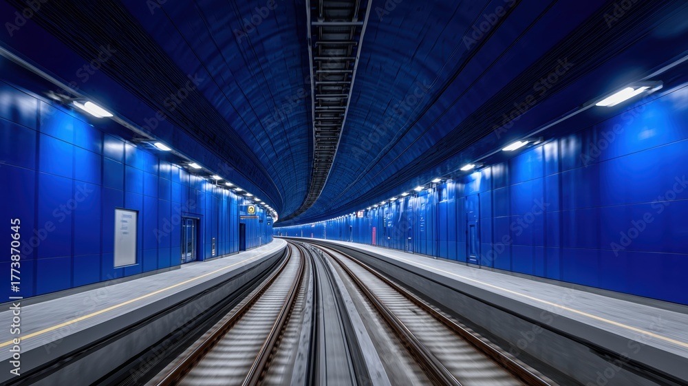 Naklejka premium Modern empty subway station interior with tiled walls, curved railway tracks, and bright fluorescent lights creating a clean underground transit atmosphere