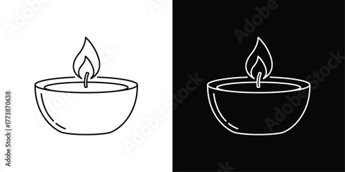 Diya Oil Lamp Line Art Vector, Black and White Minimal Illustration for Diwali, Meditation, Festival of Lights, and Spiritual Design Concepts