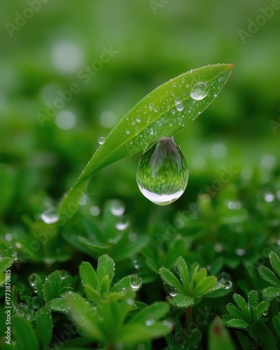 Extreme Macro Close Up Of A Transparent Water Droplet Reflecting Green Grass Clinging To A Vibrant Green Blade With Tiny Dew Drops On Lush Foliage In Soft Natural Morning Light