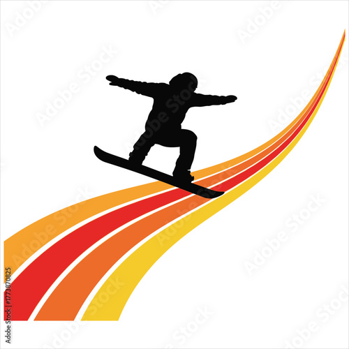 Minimalist vector silhouette of snowboarder jumping mid-air with curved retro stripes background