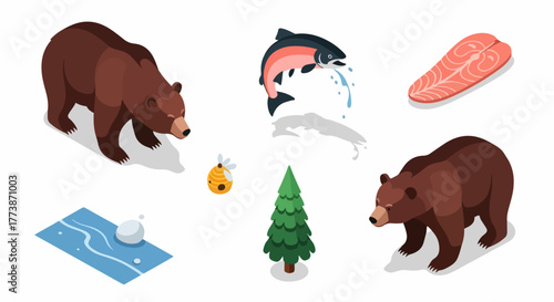 Isometric set of wilderness elements: brown bears, salmon fishing, fish fillet, honeycomb, river, and pine tree isolated on white.