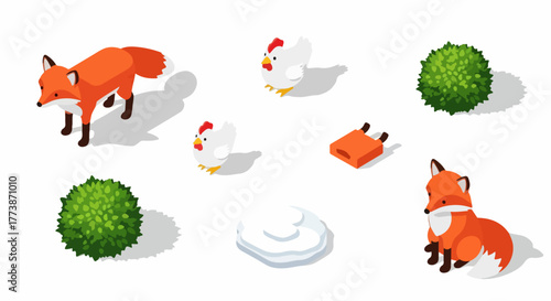 Isometric vector assets featuring cartoon foxes, chickens, green shrubs, snow, and a small den, isolated set for game or map design.