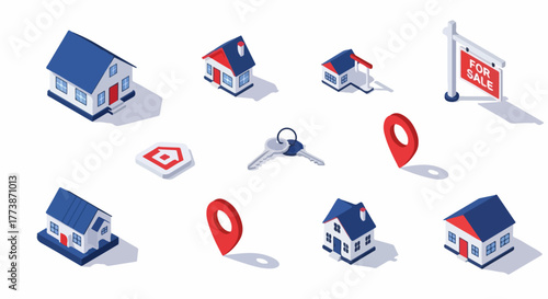 Isometric Real Estate Icons: Collection of Houses, Property Keys, Location Markers, and For Sale Sign, illustrating the housing market concept.