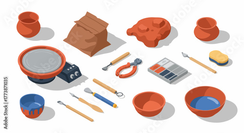 Isometric set of pottery tools, clay, pottery wheel, and ceramic vessels, illustrating the process of clay art and craft.