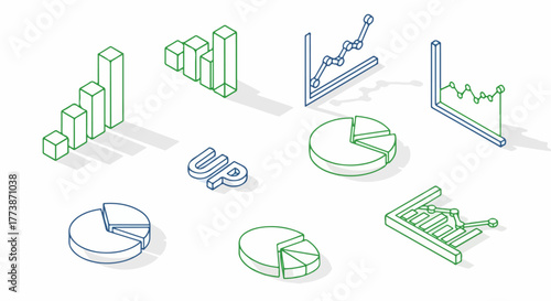 Isometric Outline Data Visualization Set: Bar Charts, Line Graphs, Pie Charts, and 3D "UP" Concept for Business Growth and Finance.