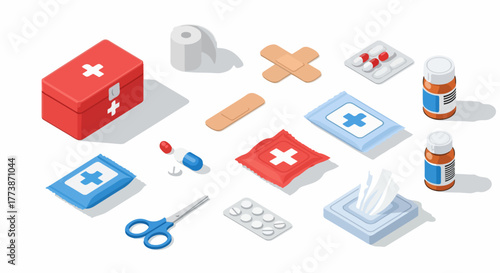 Isometric First Aid Supplies Set: Essential Medical Kit Items Including Bandages, Pills, Scissors, and Red Cross Box
