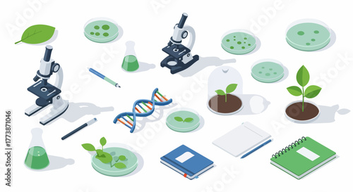 Isometric biology and science research kit with microscopes, DNA structure, seedlings, lab glassware, and notebooks, isolated on a white background.