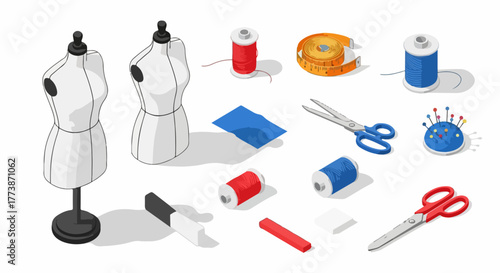 Isometric vector illustration showcasing essential tailoring and sewing equipment, featuring dress forms, thread spools, scissors, measuring tape, and chalk.
