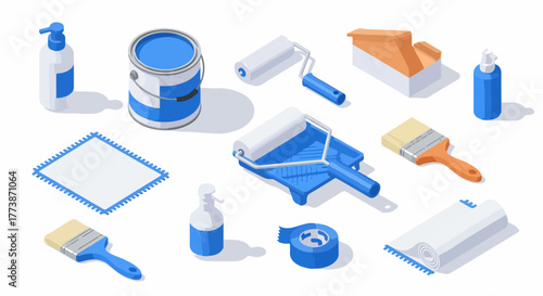Isometric painting and renovation supplies set featuring tools like brushes, rollers, paint cans, and protective sheeting for DIY home projects.