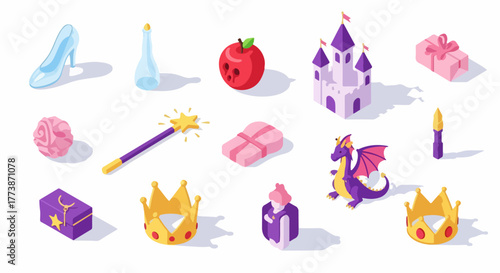 Isometric fairy tale princess objects set, including glass slipper, magic wand, crowns, purple castle, apple, and mythical dragon.