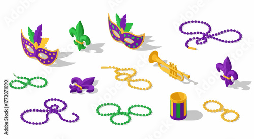 Mardi Gras isometric set with carnival masks, purple, green, and gold beads, trumpet, and fleur-de-lis symbols on white.