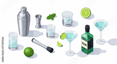 Isometric Bartender Tools and Gin Cocktail Ingredients Set. Mixology equipment including shaker, jigger, lime, mint, bottle, and glasses vector illustration.