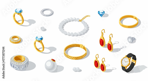 Isometric luxury jewelry set featuring gold rings, gemstone earrings, pearl bracelet, loose diamonds, and a classic wristwatch on white.