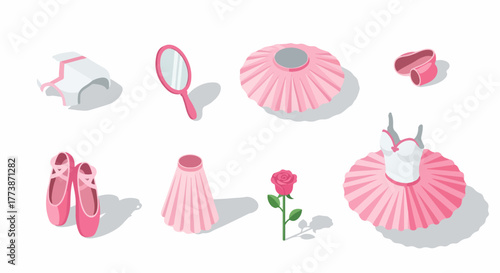Pink Ballet Accessories Isometric Vector Set: Tutus, Pointe Shoes, Mirror, and Rose on White Background.