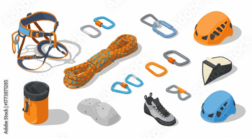 Isometric rock climbing gear set featuring harness, rope, carabiners, helmets, and shoes for outdoor sports and adventure.