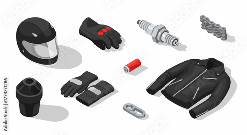 Isometric set of motorcycle gear and mechanical parts: helmet, leather jacket, gloves, spark plug, and chain link elements.
