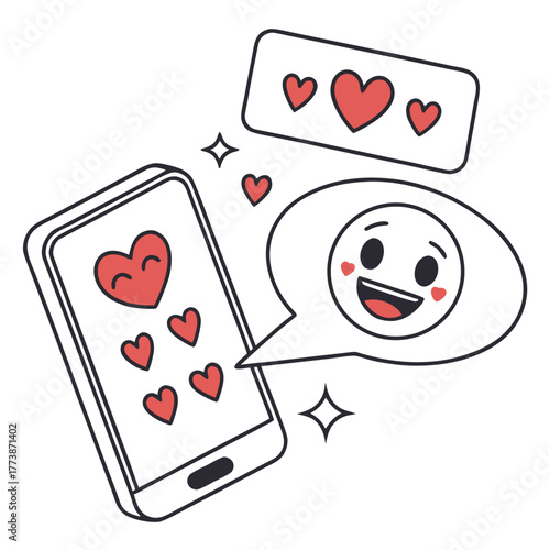 Happy emoji in speech bubble with hearts and smartphone