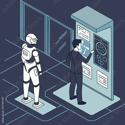 Human and robot interact with futuristic touchscreen display in modern office setting