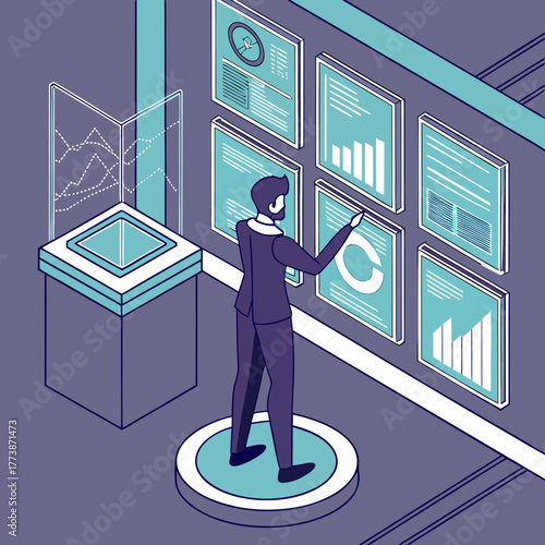 Man interacting with futuristic data display wall
