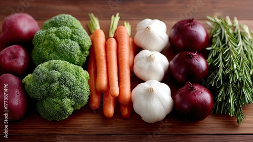 Fresh Assortment Of Vibrant Vegetables And Fruits Including Broccoli Carrots Garlic Red Onions And Rosemary Arranged On A Rustic Wooden Tabletop With Natural Lighting
