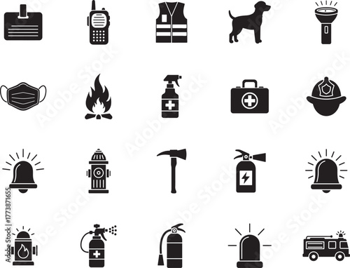 Firefighter Silhouette icon collection. Includes Silhouette symbols firefighter, fire truck, helmet, axe, extinguisher, emergency and more. Isolated icons. Firefighter icon set. 