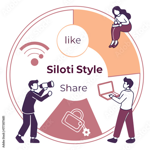 Social media engagement concept with people interacting with digital elements