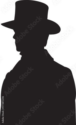 A black silhouette of a man in 1800s Australian fashion, wearing a hat and coat.