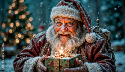 A cheerful and cunning Santa smiles charmingly and winks cheerfull. Christmas Eve, magic