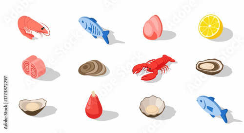 Isometric Seafood Icon Set including Shrimp, Lobster, Fish, Oysters, and Lemon Slice. Perfect for culinary graphics and web design.