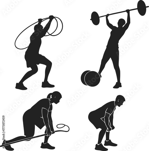 Four people exercising with weights and equipment isolated on white background