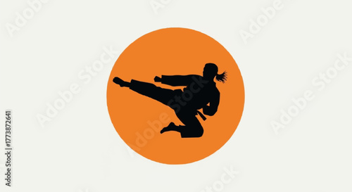 Karate Silhouette with Red Sun Background Vector Illustration