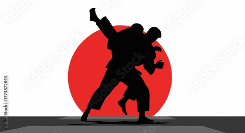 Karate Silhouette with Red Sun Background Vector Illustration