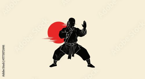 Karate Silhouette with Red Sun Background Vector Illustration