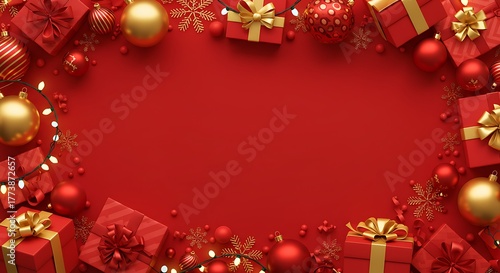Red Christmas background with golden ornaments, gift boxes, and snowflakes arranged in a festive border