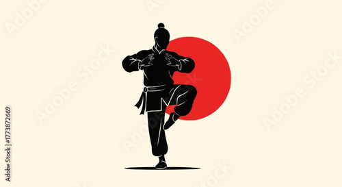 Karate Silhouette with Red Sun Background Vector Illustration