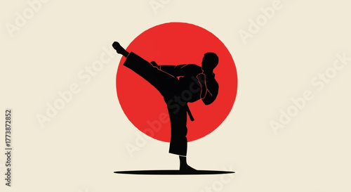 Karate Silhouette with Red Sun Background Vector Illustration