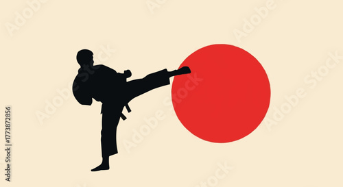 Karate Silhouette with Red Sun Background Vector Illustration
