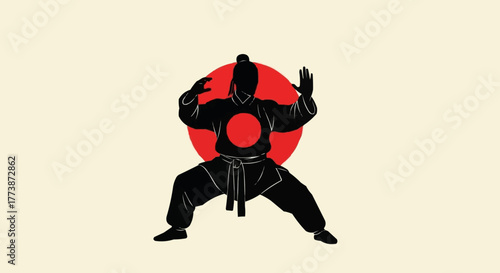 Karate Silhouette with Red Sun Background Vector Illustration