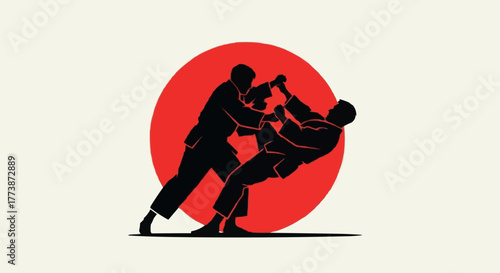 Karate Silhouette with Red Sun Background Vector Illustration