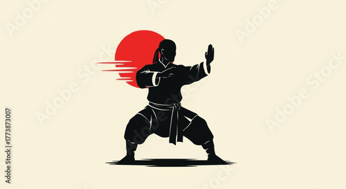Karate Silhouette with Red Sun Background Vector Illustration