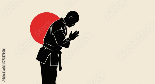 Karate Silhouette with Red Sun Background Vector Illustration