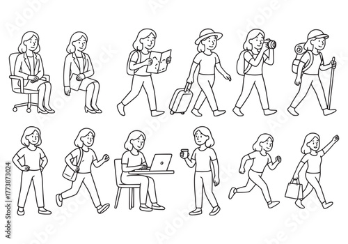 Line Art Illustrations of a Woman's Daily Life and Activities