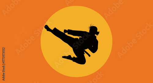 Karate Silhouette with Red Sun Background Vector Illustration