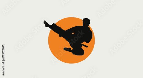 Karate Silhouette with Red Sun Background Vector Illustration