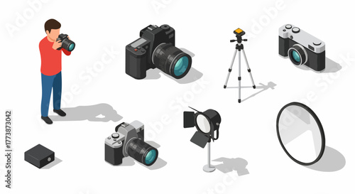 Isometric Photography Equipment Set: Professional Photographer, DSLR Cameras, Studio Lighting, Reflector, and Tripod collection.