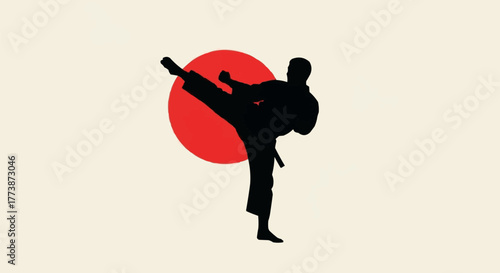 Karate Silhouette with Red Sun Background Vector Illustration