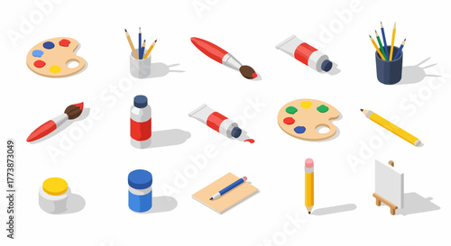 Collection of isometric art and drawing tools with paint palettes, brushes, pencils, and canvas for creative projects.