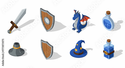 Isometric fantasy game icons set with magical dragon, medieval weapons, armor, and potion bottles for RPG elements.